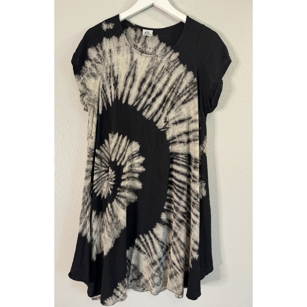 Unique Batik Black White Spiral Tye Dye  Batik Dress Artsy Hippie Shift Tunic L
